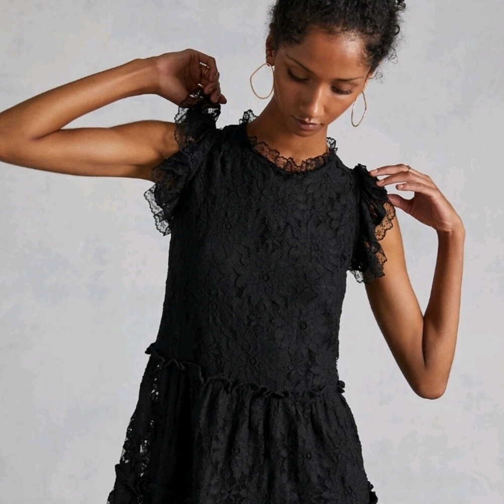 New Anthropologie Blue Tassel Black Lace Tiered Tunic Dress Small